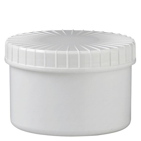 Kunststof pot 250 ml transparant met geribbeld wit schroefdeksel van PE, type sluiting Standaard Kunststof pot 250 ml transparant met geribbeld wit schroefdeksel van PE, type sluiting Standaard
