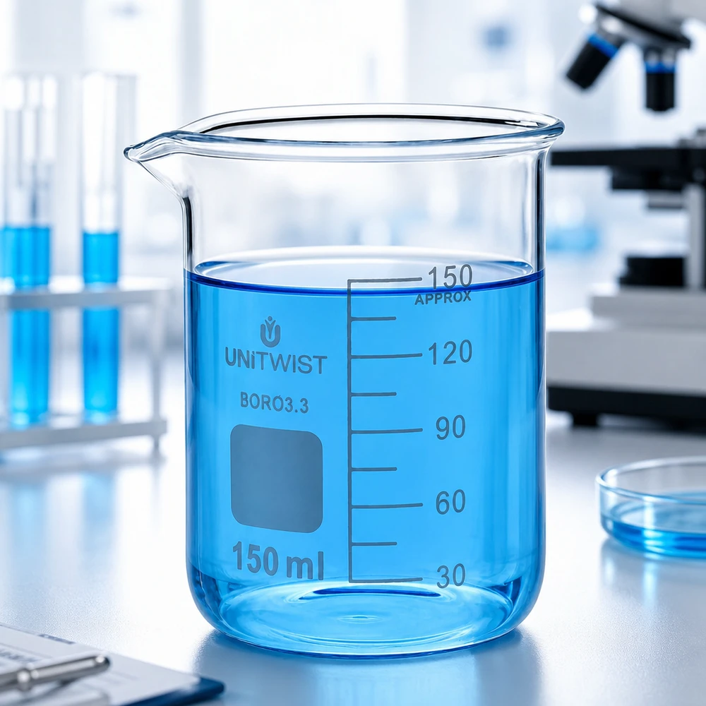 Beker 150ml borosilicaat, lage vorm UNiTwist UNiTwist laboratoriumbeker 150 ml, borosilicaat 3.3, met beschriftingsveld en schaalverdeling APPROX