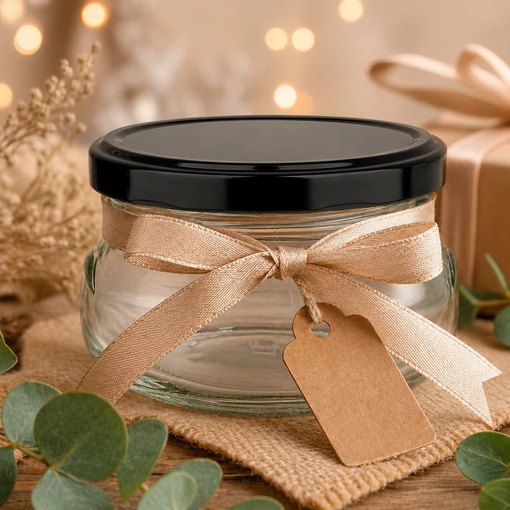 120ml terrine met BasicSeal deksel zwart UNiTWIST 120 ml terrine als cadeau-idee met beige strik en label, zwart deksel, feestelijke decoratie