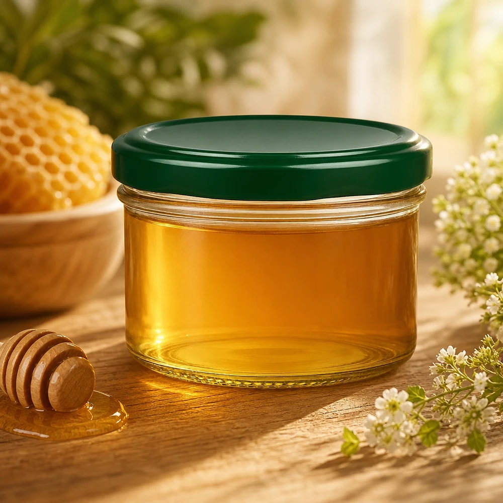 230ml cilindrische pot met BasicSeal deksel groen UNiTWIST Honing bewaren in 230ml cilindrische pot met groen BasicSeal deksel naast honingraat en honinglepel