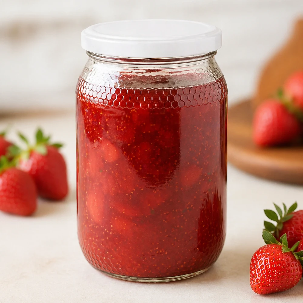 Honingpot 900ml gevuld met aardbeienjam demonstreert geschiktheid voor jam BasicSeal deksel UNiTWIST