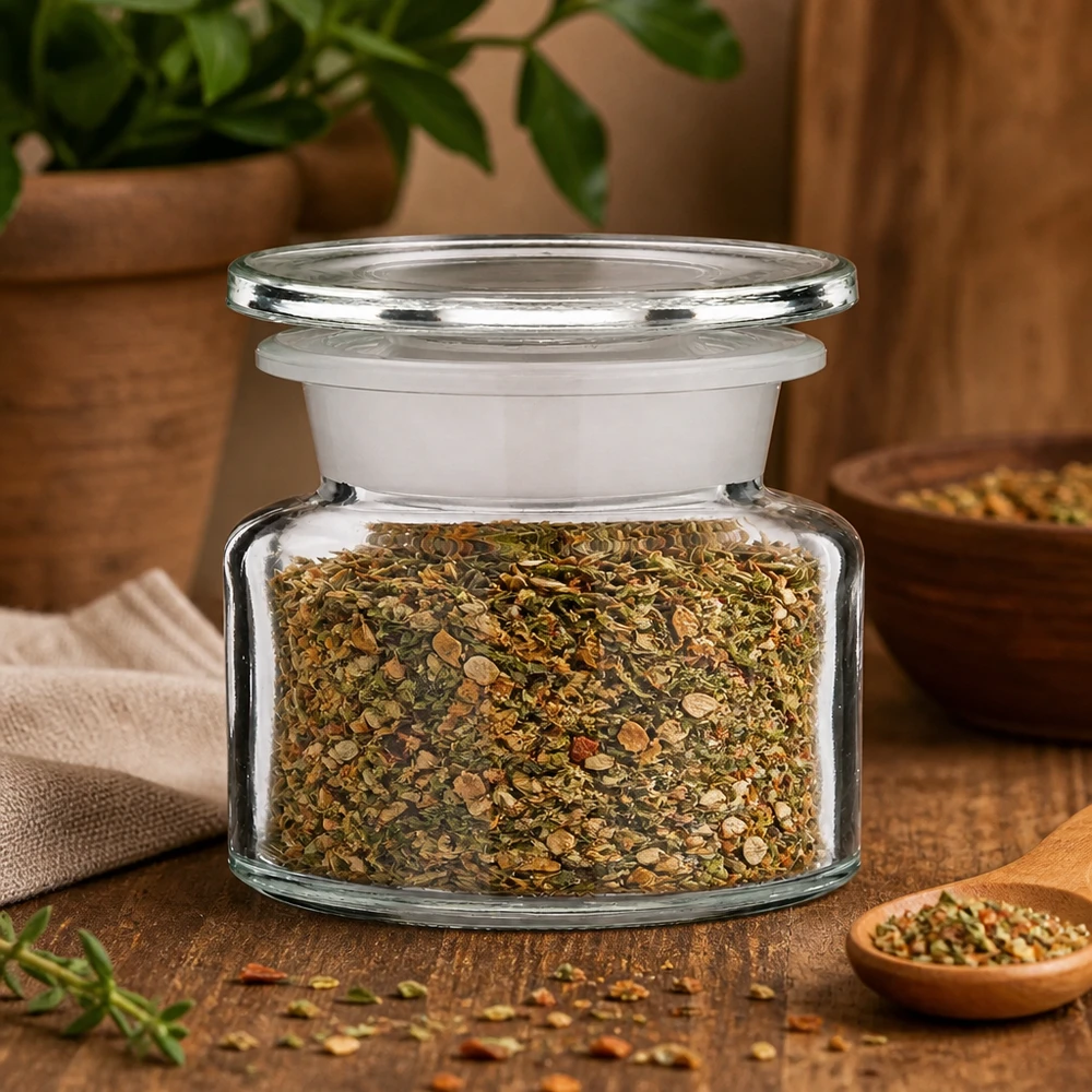 Idee voor een glazen kruidenpotje: Apothekersfles 50 ml wijde hals helder glas incl. glazen stop Compact kruidenpotje met brede opening, 50 ml, met een kruiden- en specerijenmix voor in de keuken en als voorraad