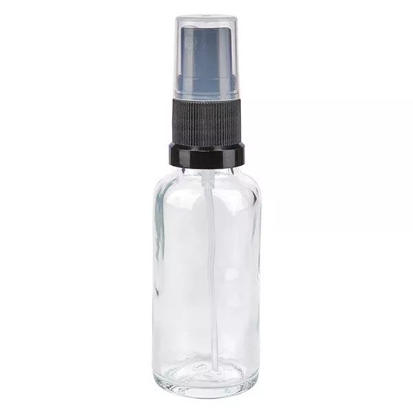 Helder glazen flessen 30ml met zwart pompverstuiver Helder glazen flessen 30ml met zwart pompverstuiver