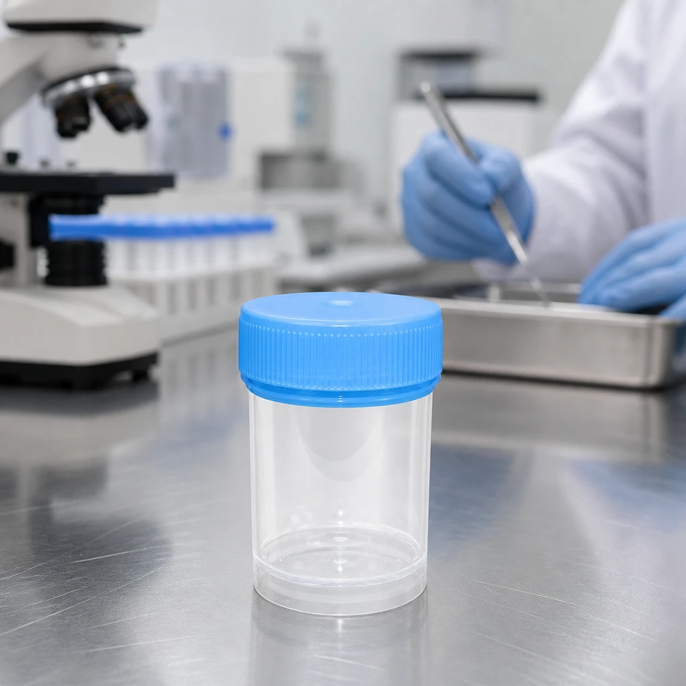 Medische wegwerpverpakking van 20 ml met blauw deksel voor laboratorium- en pathologische toepassingen