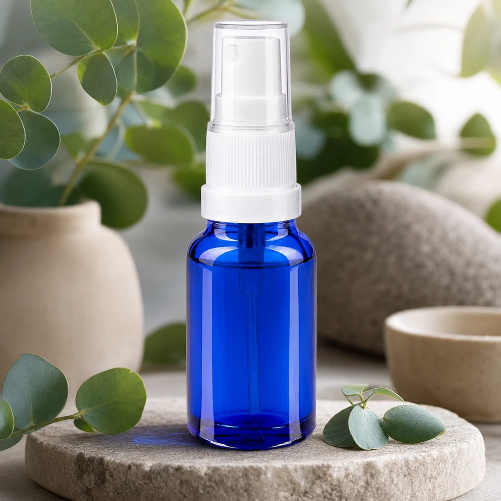 Handige blauwe 10ml sprayflacon met witte verstuiver, perfect voor onderweg en op reis