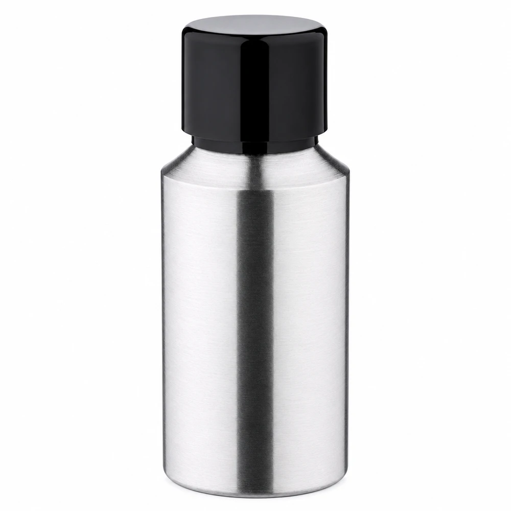 Compact aluminium flesje van 30 ml in een elegant ontwerp met een zwart deksel voor vloeistoffen