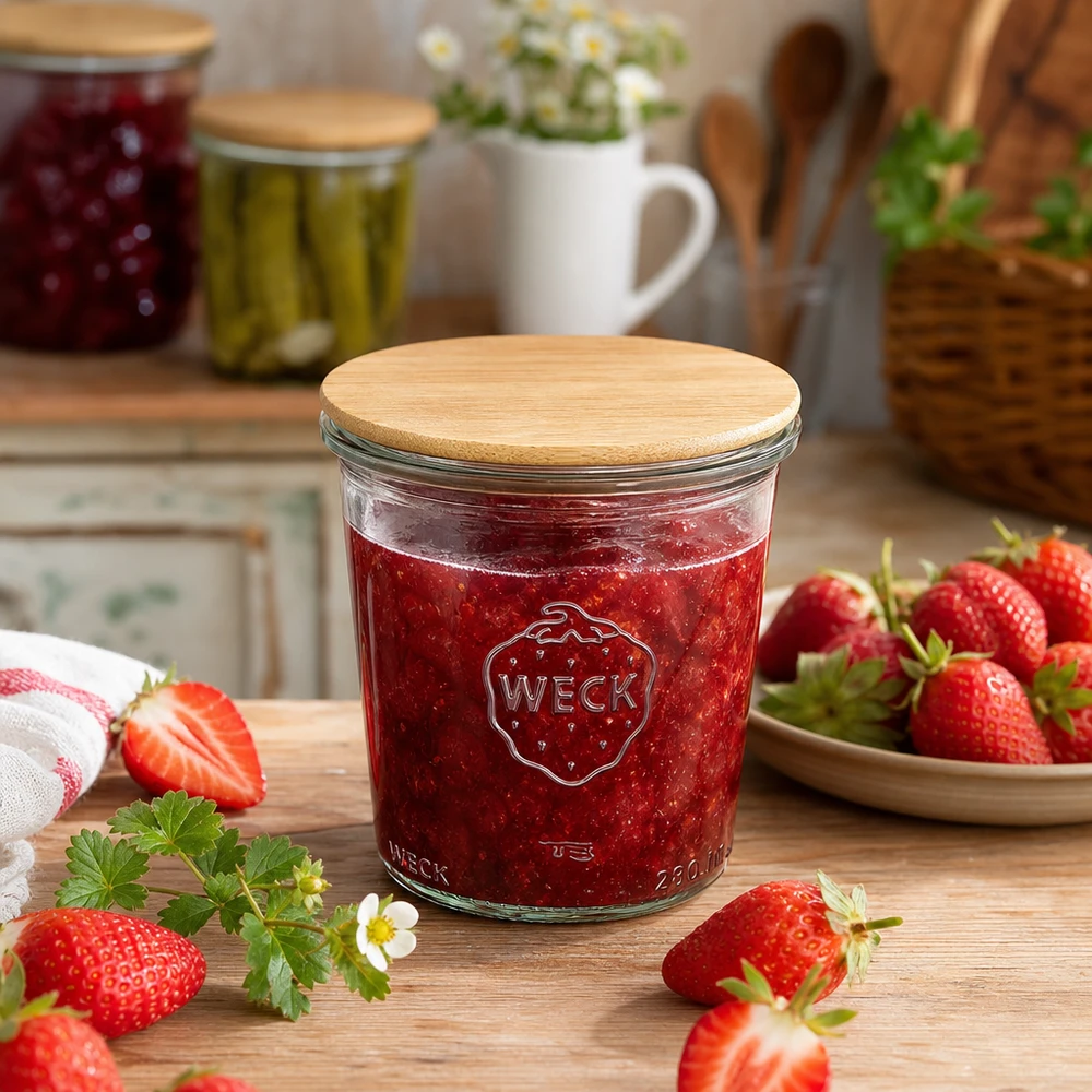 290ml stortglas hoge WECK RR80 met hout deksel WECK inmaakpot 290ml met bamboe deksel gevuld met aardbeienjam omringd door verse aardbeien op een houten tafel