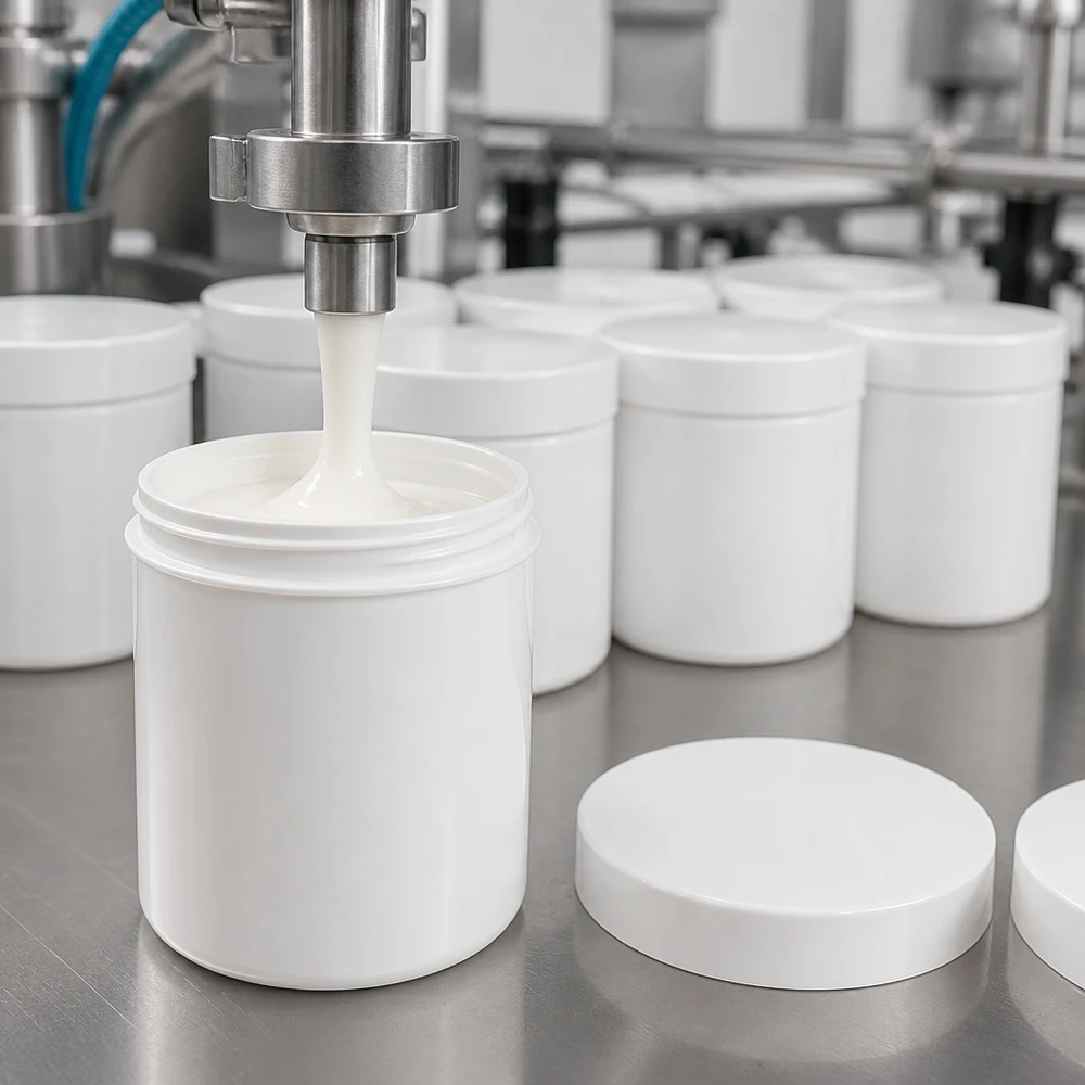 Productielijn voor witte zalfpotjes van 20 g PP-kunststof met oplegdeksel