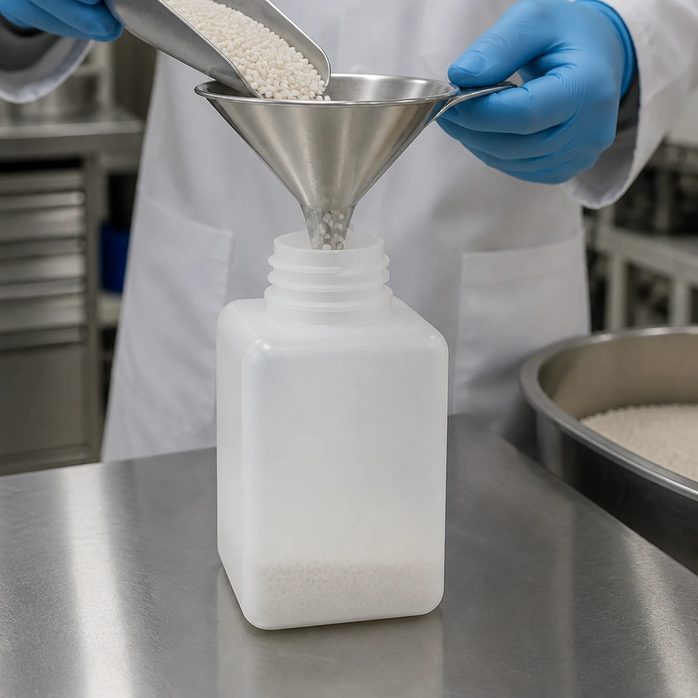 Vierkante chemiefles van 20 ml, GL18, PE-HD, op een roestvrijstalen tafel bij hygiënische afvulling