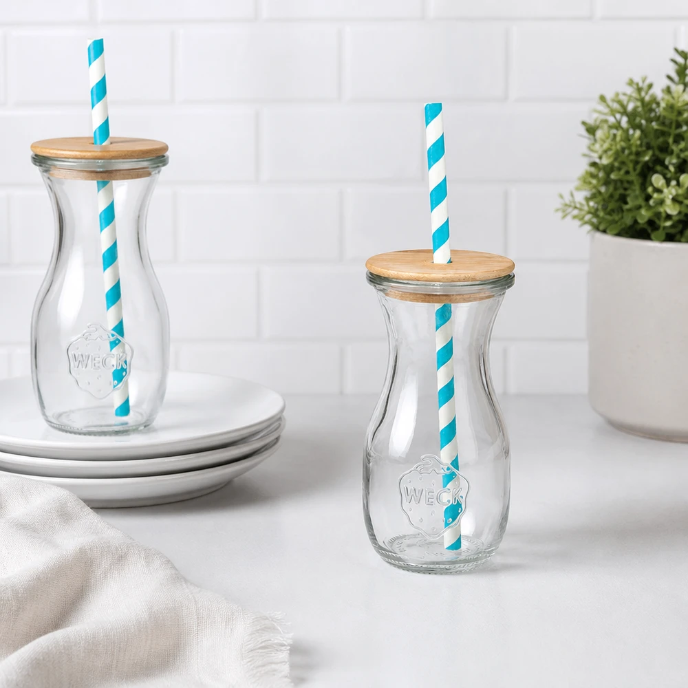 2 WECK glazen flessen 290ml houten deksel turquoise-wit eco rietjes keuken decoratie witte tegels bord plant