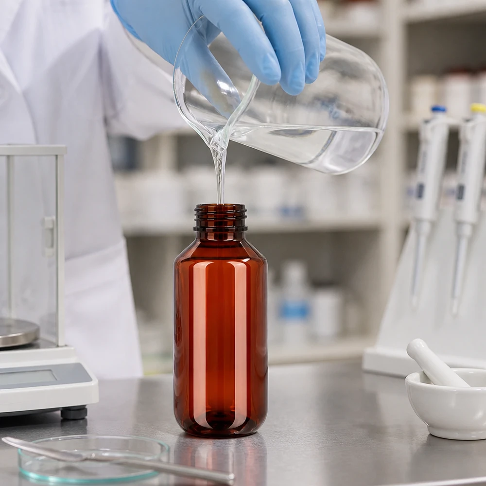 50 ml PET medicijnfles met verstuiver zwart GCMI 28/410 incl. dop transparant, standaard Het vullen van een bruine PET-fles met smalle hals van 100 ml met een heldere vloeistof in het laboratorium