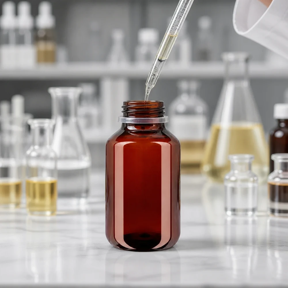 100ml PET medicijnfles - schroefsluiting VR wit - doseerbeker 30ml blank Abfüllprozess in braune 100ml PET Flasche mit Glaskolben und weißem OV Verschluss