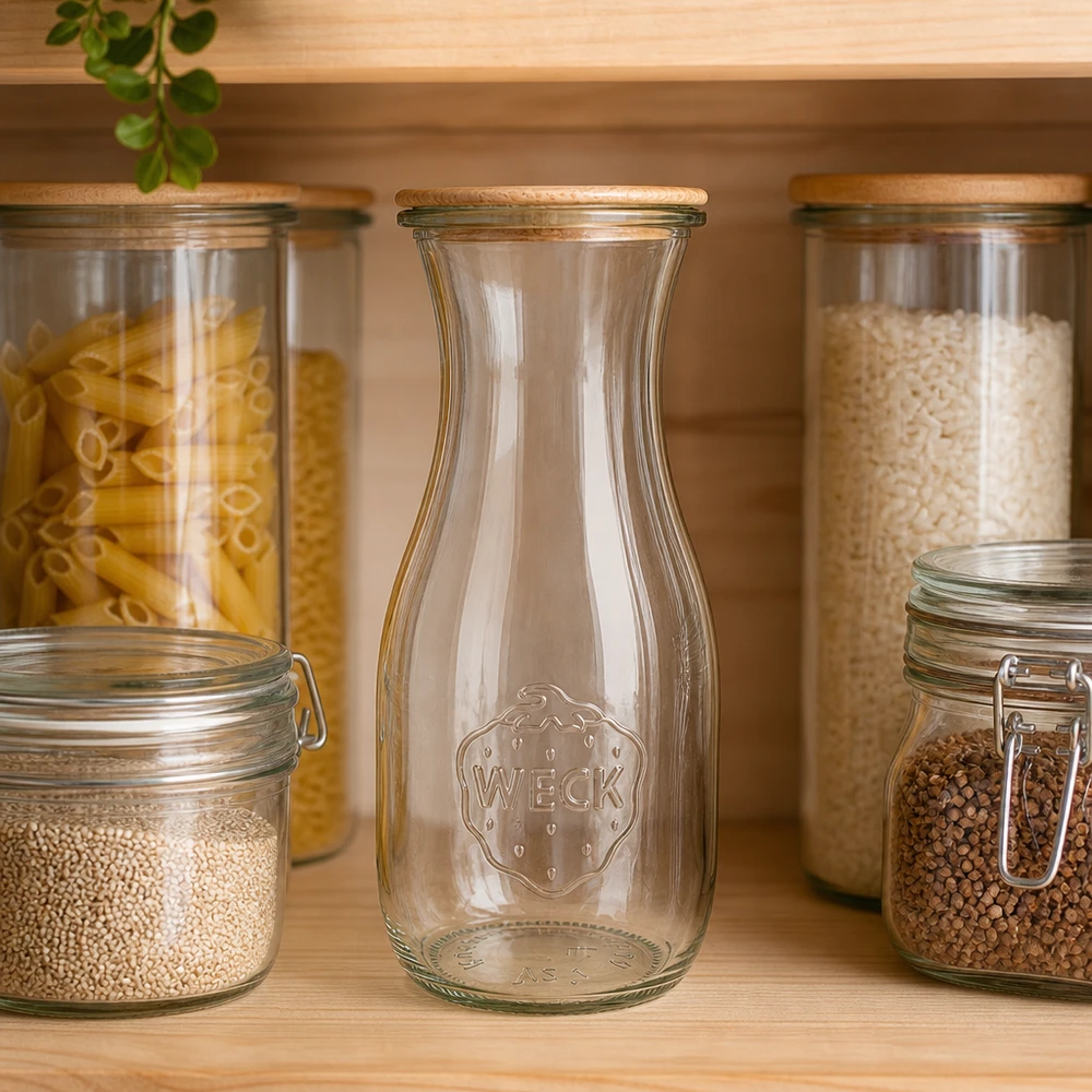 WECK sapfles 530ml RR60 leeg tussen voorraadpotten met pasta en rijst in georganiseerde keuken met houten planken