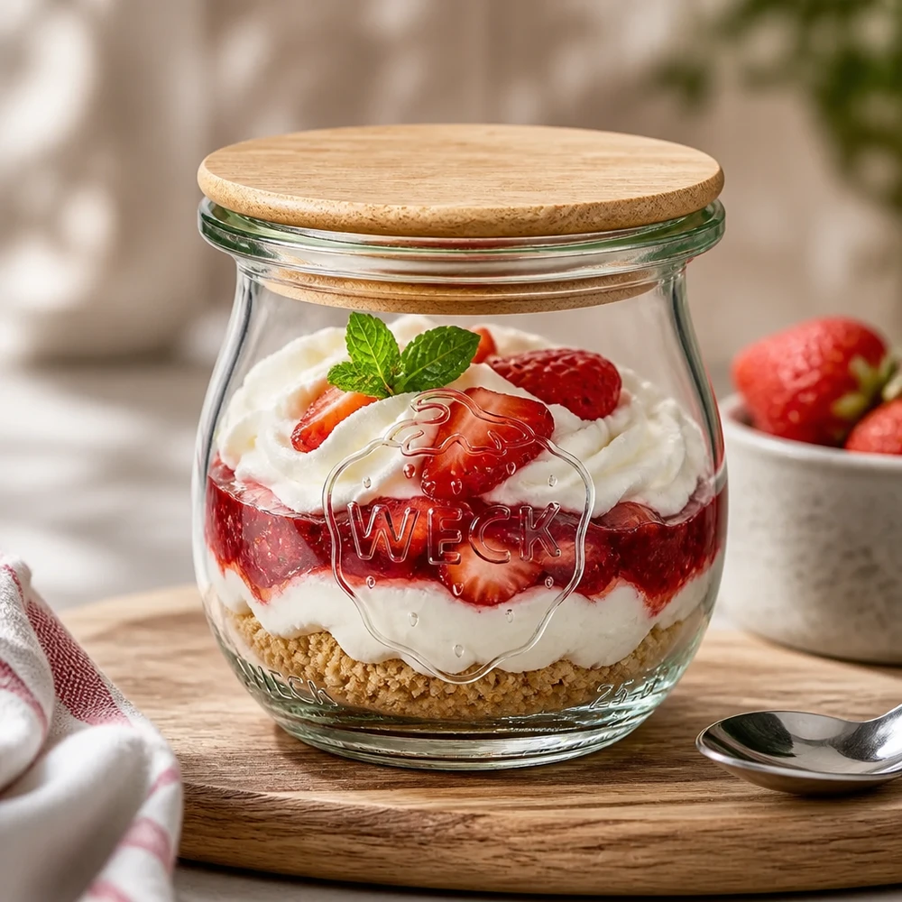 WECK-tulpglas 75ml met deksel WECK tulp pot 75ml RR40 dessert pot met bamboe deksel gevuld met aardbeien dessert en room op een houten tafel