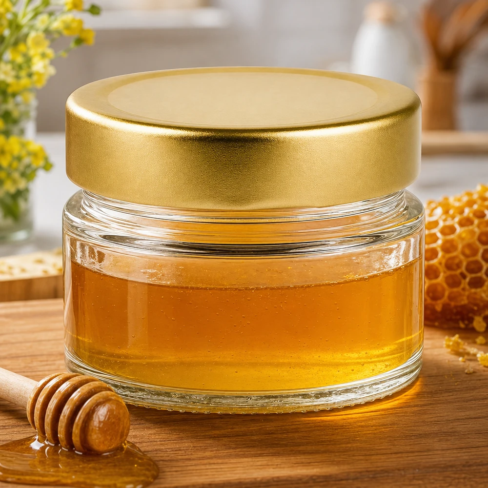 80ml rond potje met BasicSeal deksel gouddiep gevuld met honing naast honingraat en honinglepel op houten plank
