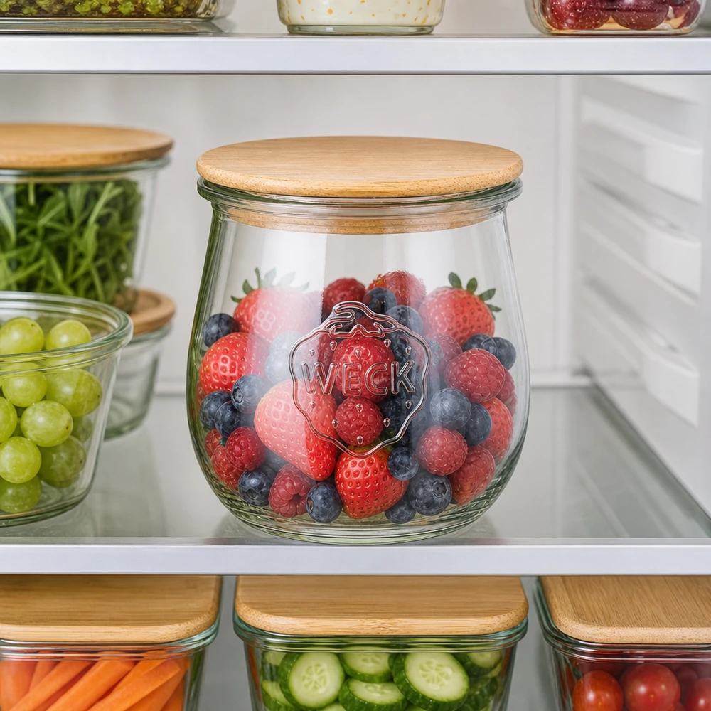 220ml tulpenglas WECK RR60 met hout deksel WECK Tulpenglas 220ml mit Holzdeckel zur Aufbewahrung von Beeren im Kühlschrank - Frischhalteglas für Obst