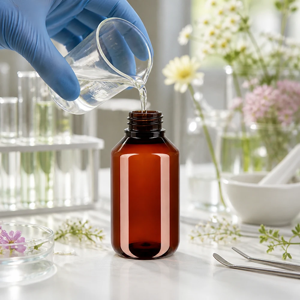 PET fles 50ml met witte verzegelstop, geribbeld Lichtbestendige PET-fles van 50 ml met een witte, geribbelde dop voor natuurlijke cosmetica
