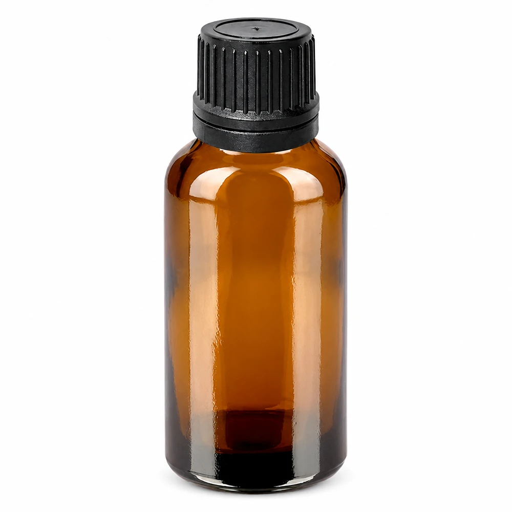30ml druppelfles 1mm zwart OV BrownLine UT18/30 Compacte 30ml druppelflacon van amberkleurig glas met kindveilige zwarte dop