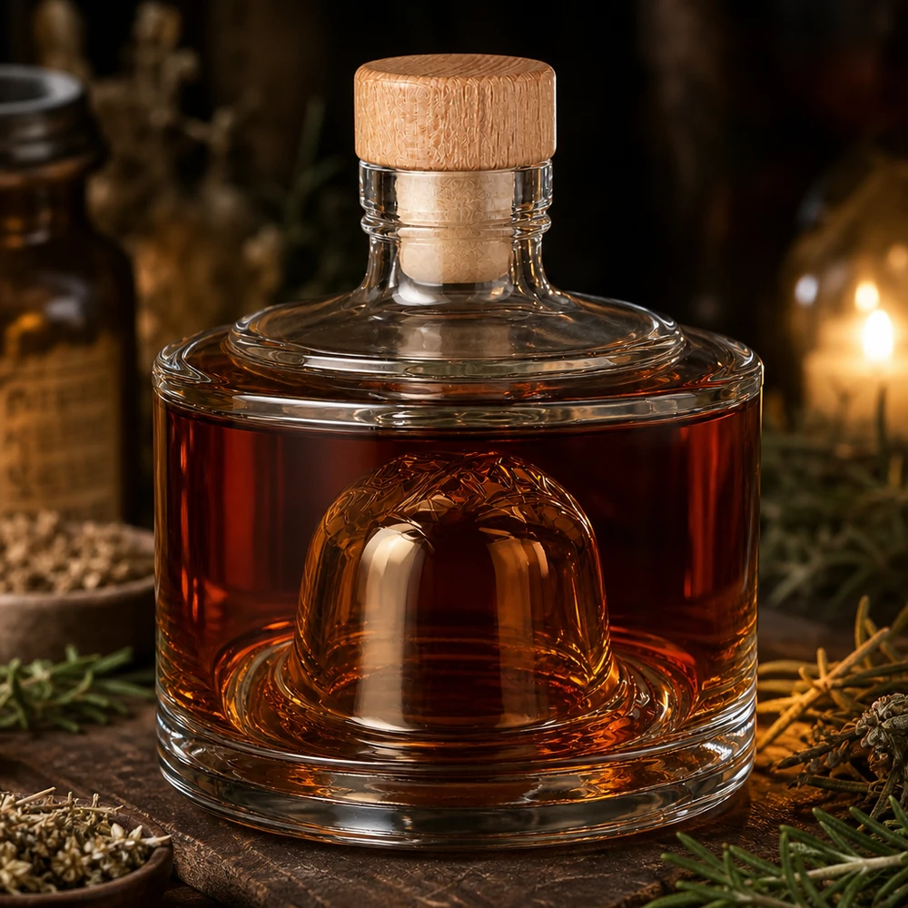 200 ml glazen fles Barbara met houten kurk met handvat UNiTWIST® Elegante 200ml Glasflasche Barbara mit bernsteinbraunem Whisky gefüllt rustikale Dekoration Holzkorken Premium Design