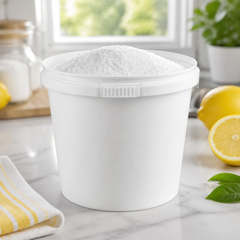 Compacte ronde kunststof emmer van 1 liter, wit (PP), binnen handbereik op een wit marmeren oppervlak in de keuken