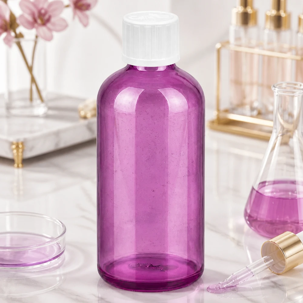 100ml druppelflacon 1,2mm wit standaard kindveilig PurpleLine. UT18/100 Paarse glazen fles 100ml met kindveilige dop en 1,2mm druppelaar voor dosering