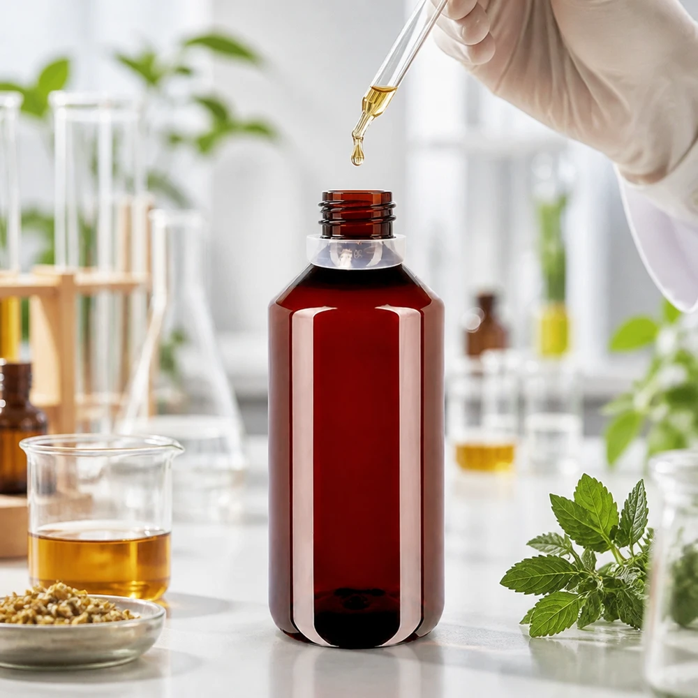 1000ml PET medicijnfles - schroefsluiting VR wit - doseerbeker 30ml blank Stabile braune Kunststoffflasche 1 Liter mit weißem OV Verschluss und Messbecher Set
