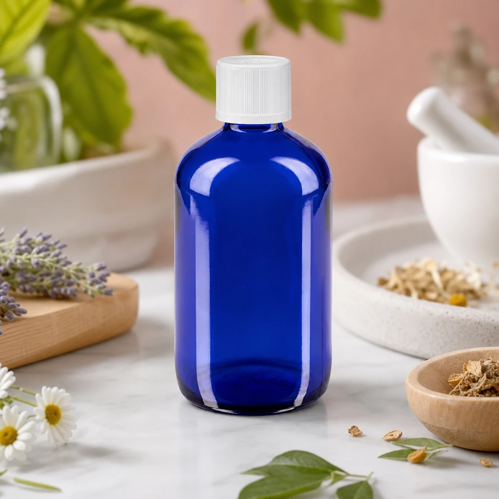 Blauwe glazen flessen 100ml met wit druppelsluiting kinderslot St Blauwe medicijnfles van 100 ml met een druppelaar van 1,2 mm op een wit marmeren oppervlak met natuurlijke kruiden