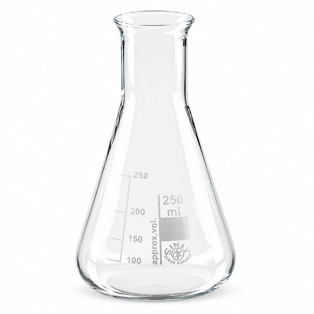 Erlenmeyer met een inhoud van 250 ml met maataanduidingen gemaakt van hittebestendig glas