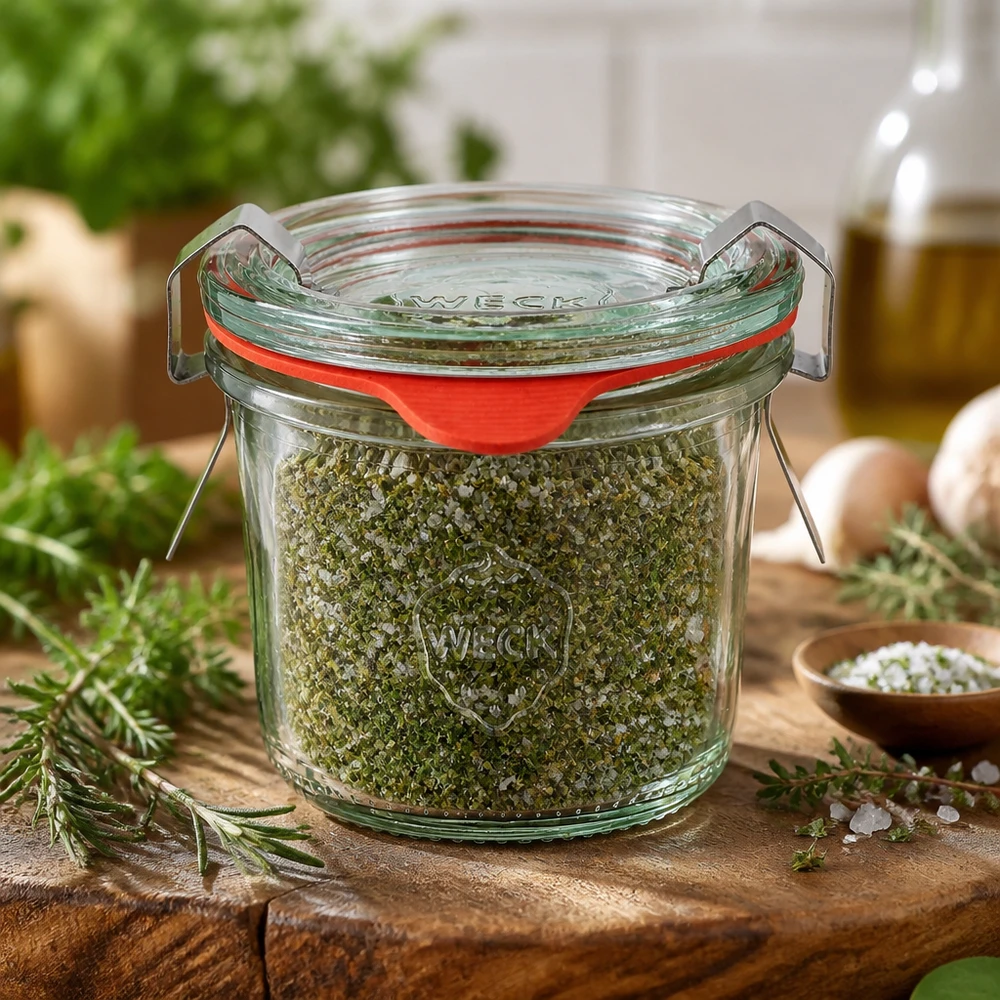 WECK Mini-potje 80 ml als cadeau-idee met zelfgemaakt kruidenzout en verse kruiden