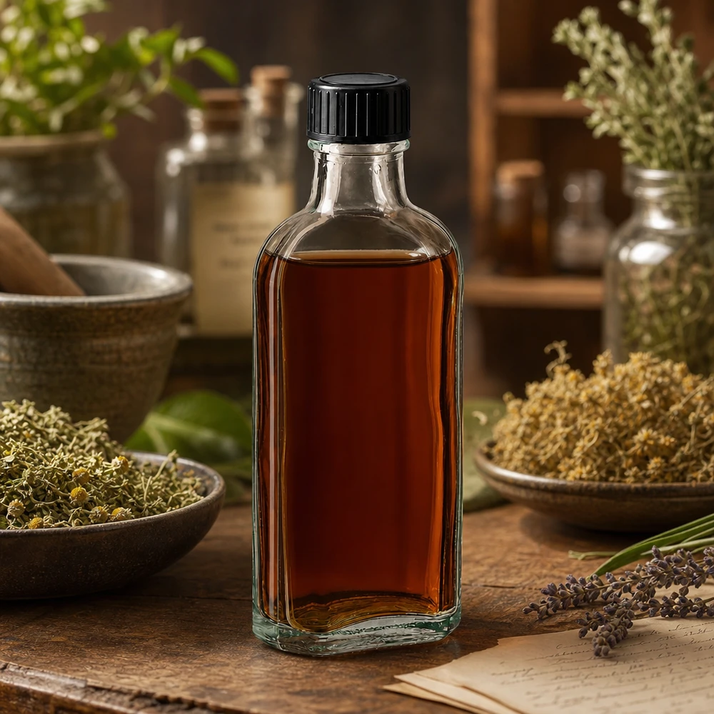 Kleine, platte glazen fles van 100 ml met schroefdop, tussen de geneeskrachtige kruiden lavendel en een vijzel