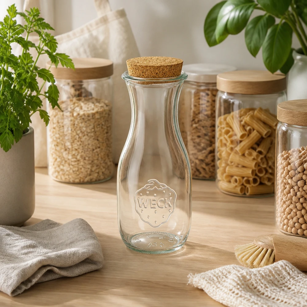 530ml sapflessen WECK RR60 met kurk WECK sapfles 530ml RR60 met kurk in duurzame zero-waste keuken tussen voorraadpotten en groene planten