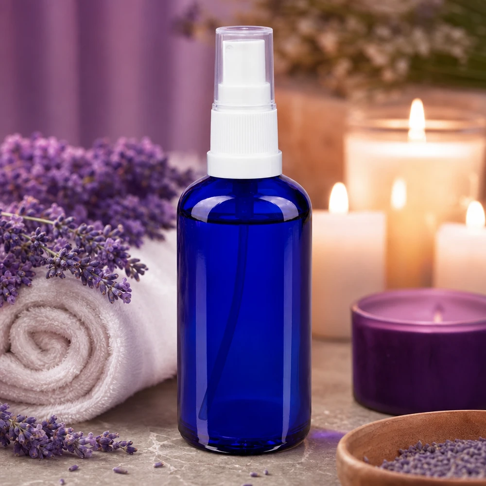 Blauwe glazen apothekersspuitfles van 50 ml met lavendel en kaarsen in een wellness-sfeer
