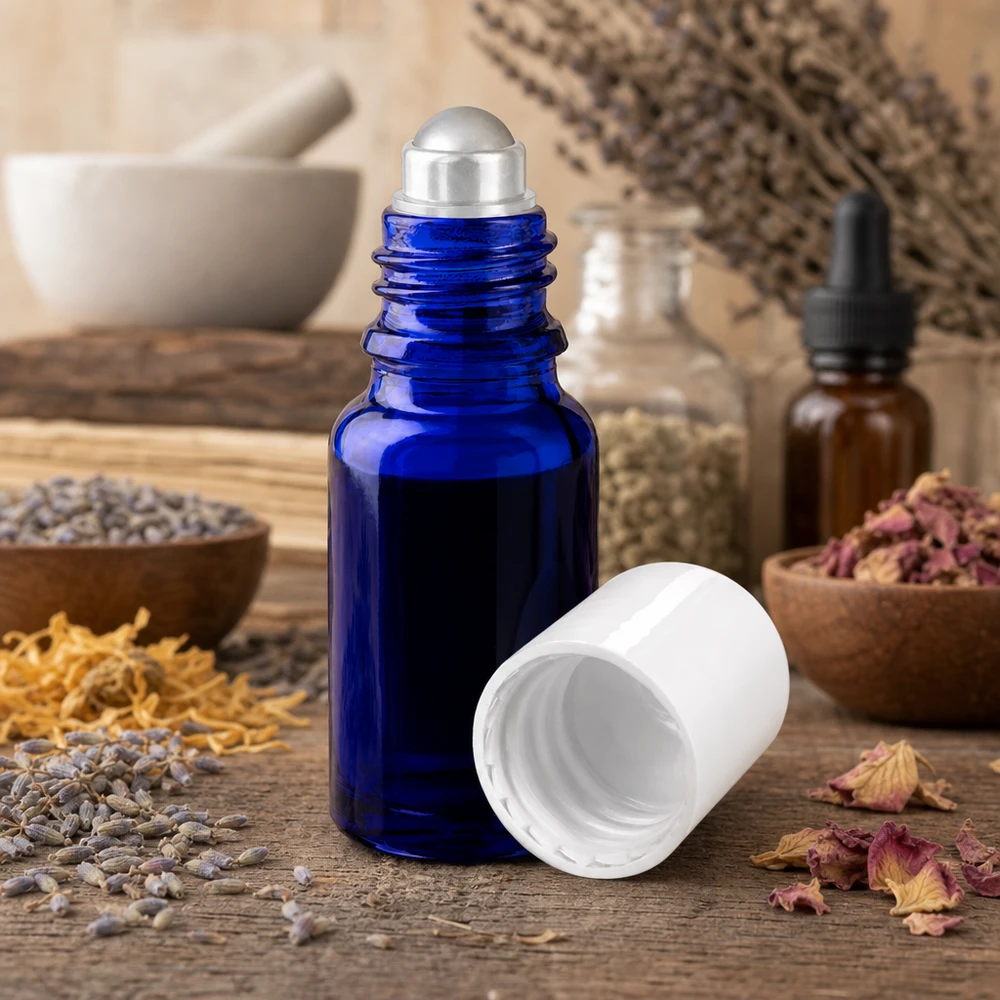 Apothekersflesje blauw 10ml roll-on cap wit Geopende blauwe glazen fles van 10 ml met roll-on-applicator op rustiek hout met geneeskrachtige kruiden