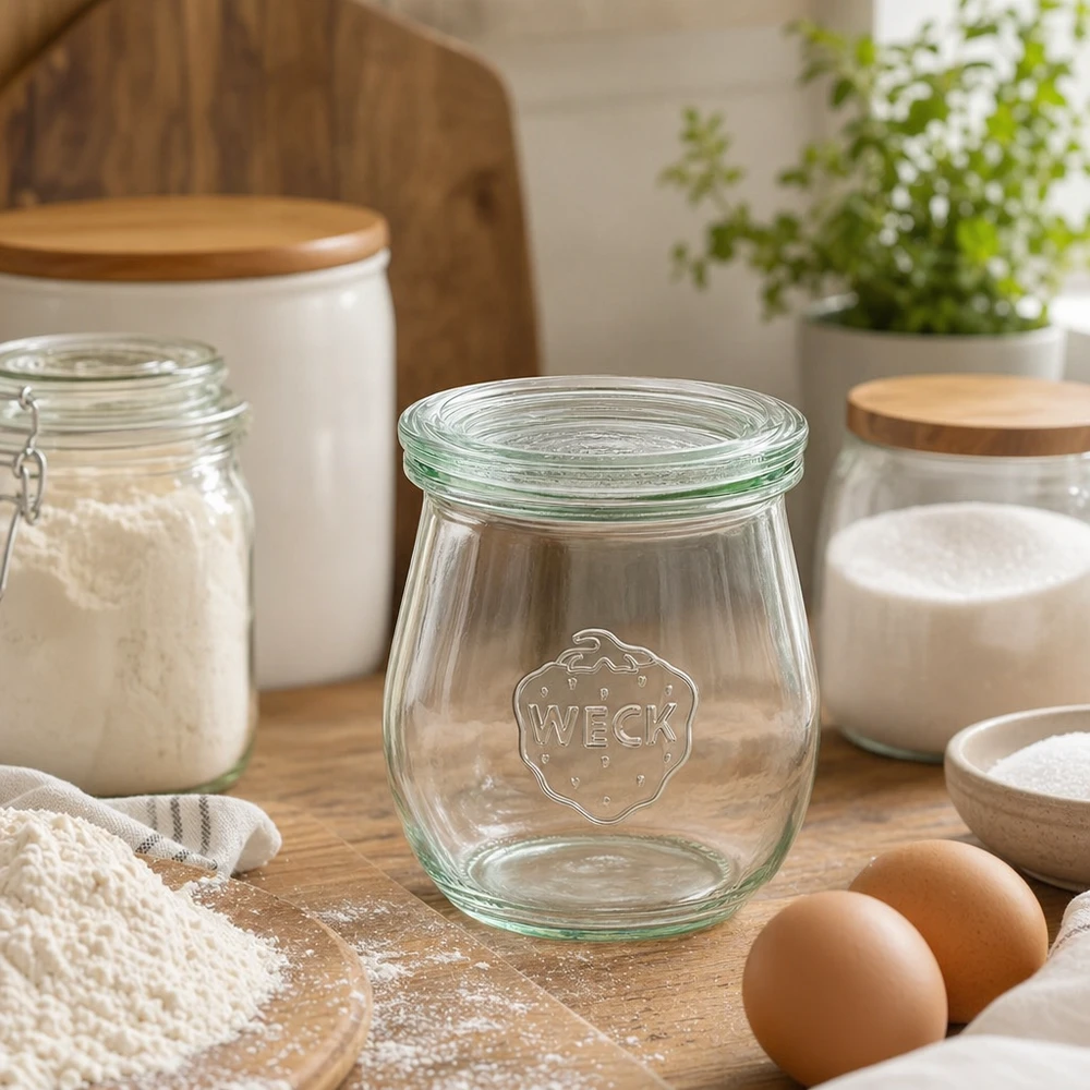 WECK tulpenpot 220ml RR60 leeg in moderne keuken met kookingrediënten eieren bloem en houten keukengerei