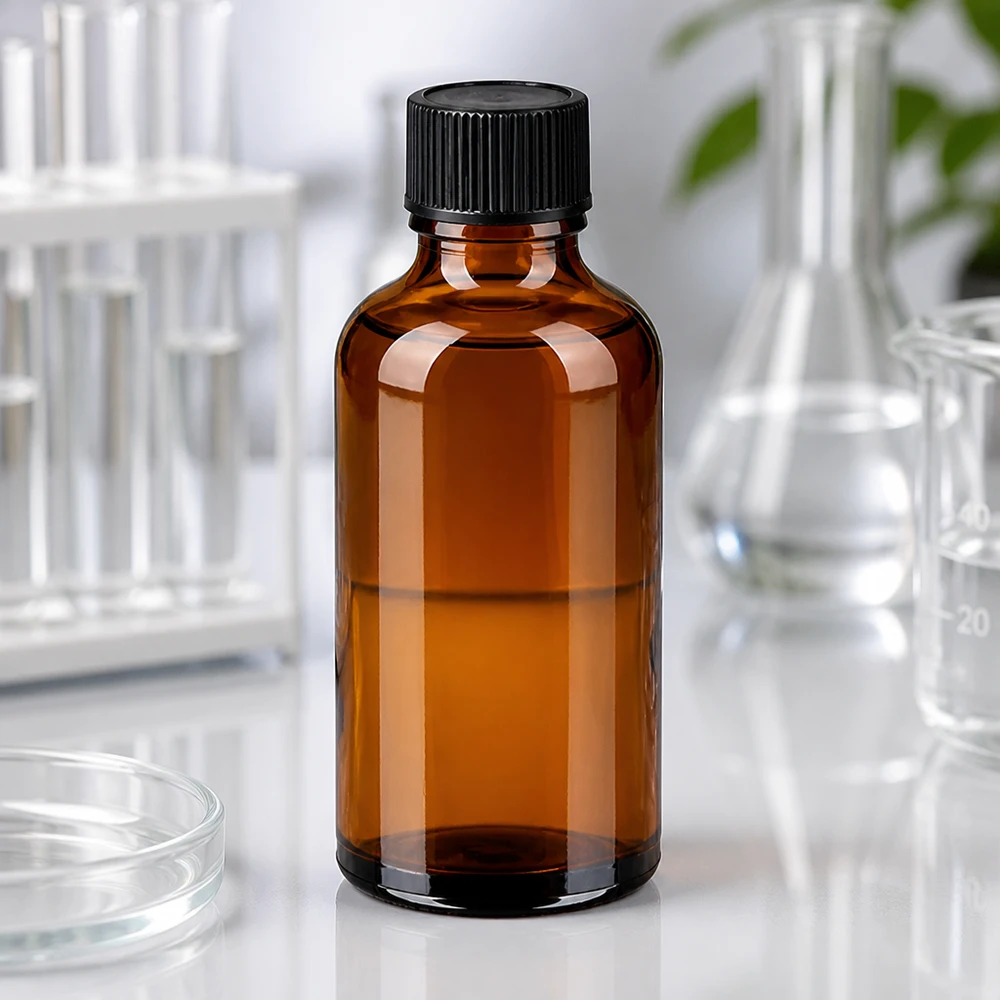 Compacte amberkleurige glazen fles van 50 ml met ergonomische zwarte druppeldop voor eenvoudig gebruik