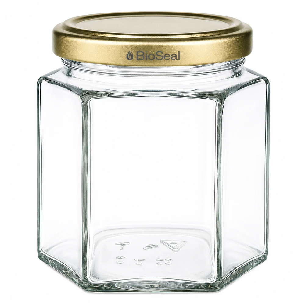 Honingpot 520g zeshoekig transparant met gouden BioSeal deksel voor imkers en honing bottelen