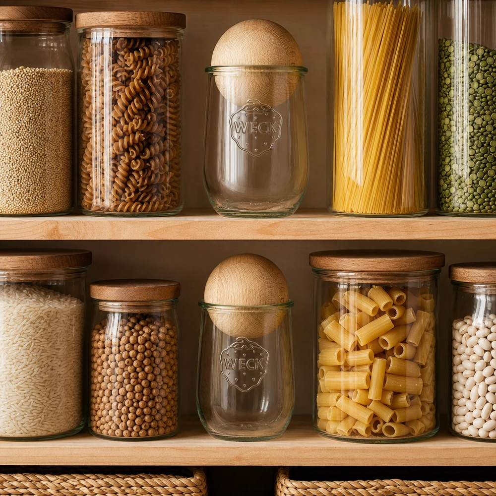 1062ml tulpenglas WECK RR100 met houten bal WECK tulp pot 1062ml RR100 met beuken bal in georganiseerde voorraadkast tussen pasta rijst en peulvruchten