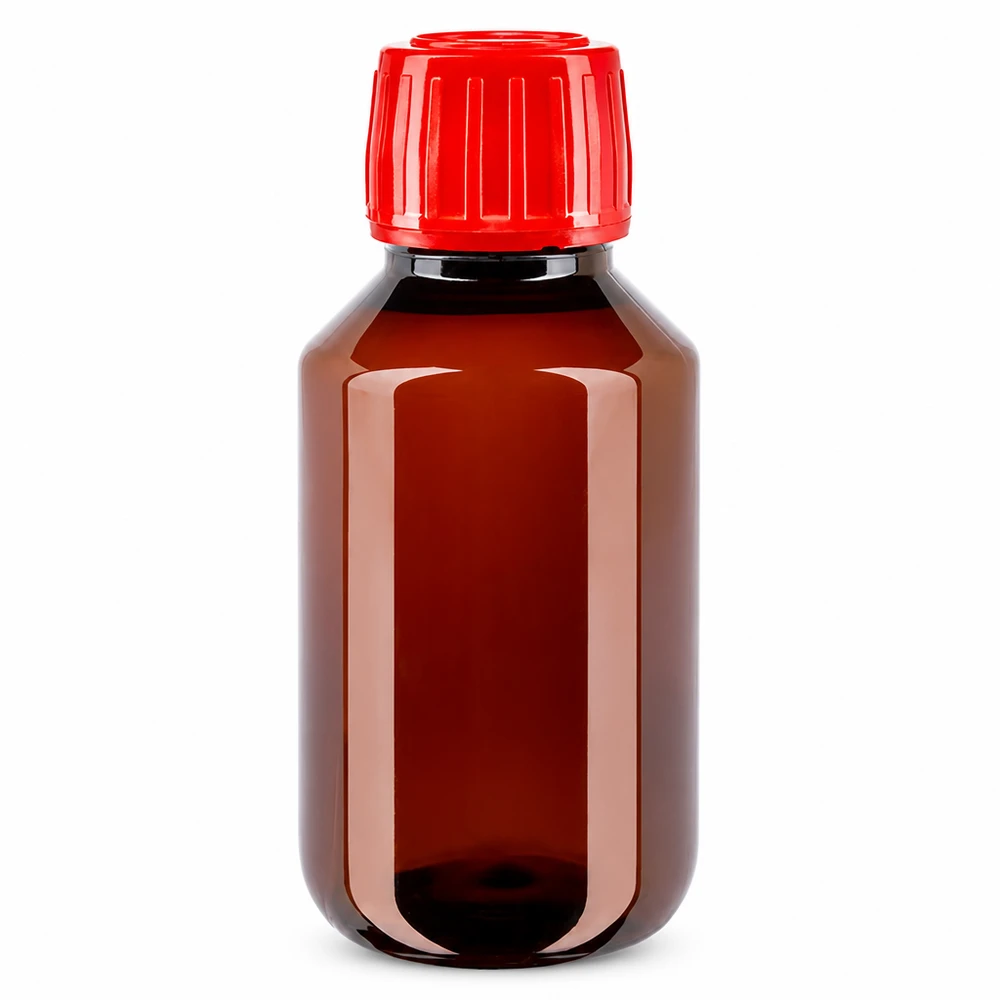 50 ml PET medicijnfles met verstuiver zwart GCMI 28/410 incl. dop transparant, standaard Compacte bruine plastic fles van 100 ml met rode veiligheidsdop voor vloeistoffen