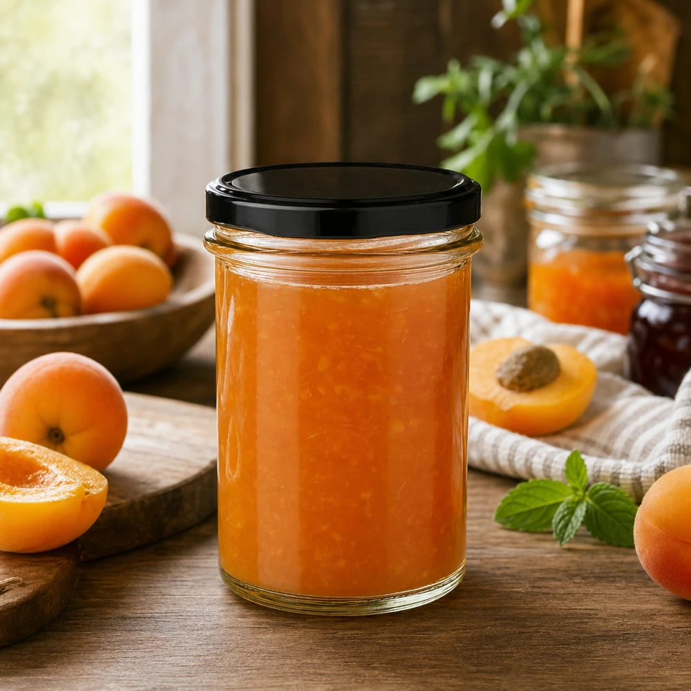 230 ml pot BasicSeal zwart gevuld met abrikozenjam tussen verse abrikozen Keukenscènejam