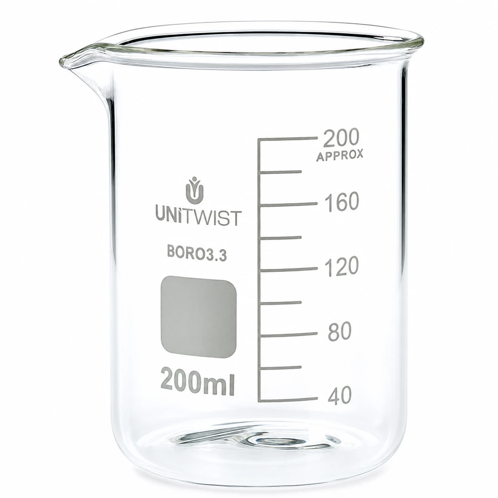 Chemieglas, bekerglas 200 ml, laag, met handvat, borosilicaatglas, met ruimte voor opschriften
