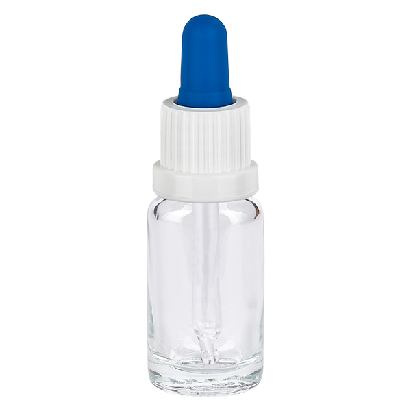 10ml pipetfles wit/blauw OV ClearL. UT18/10 Pipetflesje van 10 ml van helder glas met een witte schroefdop en een blauw rubberen balletje