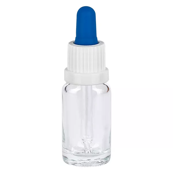 10ml pipetfles wit/blauw OV ClearL. UT18/10 Pipetflesje van 10 ml van helder glas met een witte schroefdop en een blauw rubberen balletje