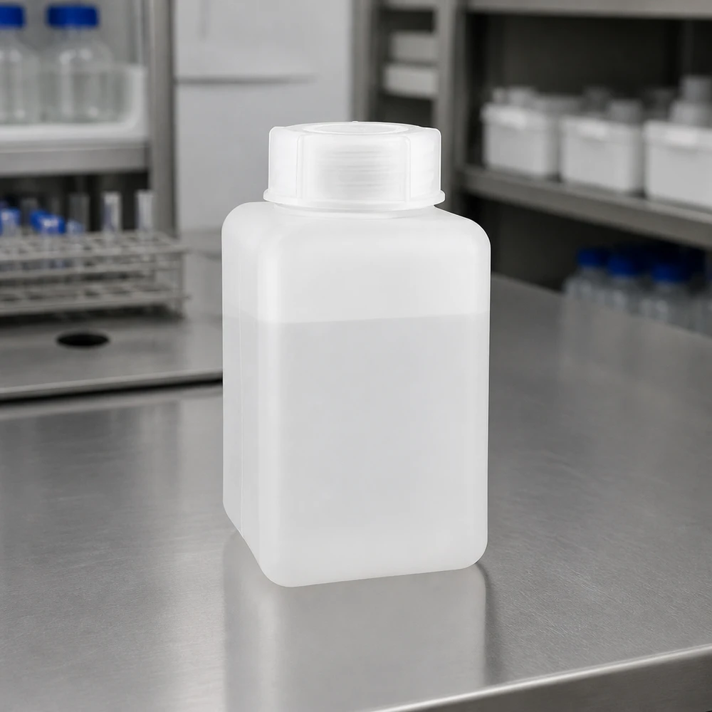 Chemicaliënfles 1000 ml, wijde hals, incl. sluiting GL 65 Lege PE-HD-fles met brede hals, 1000 ml, naturel, voor vloeistoffen en vaste stoffen in het chemielaboratorium
