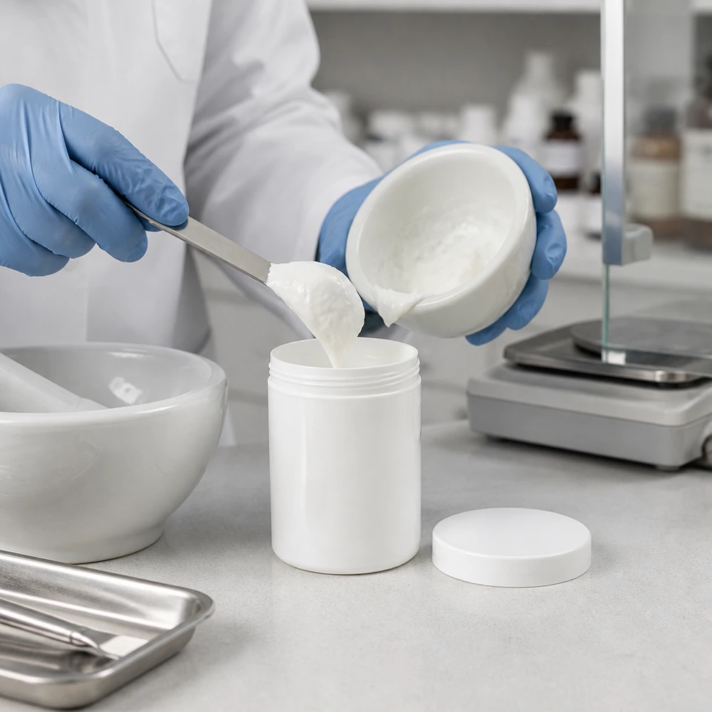 Zalfpot 10 g wit met schroefdeksel wit (PP) Compacte zalfpot van 10 g, wit, met schroefdop voor apotheekpreparaten
