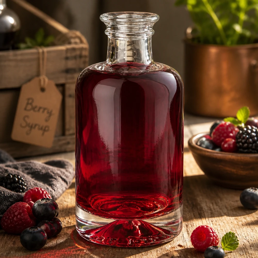 100ml Sofia glazen fles gevuld met rode bessensap omringd door verse bessen op een rustieke houten achtergrond