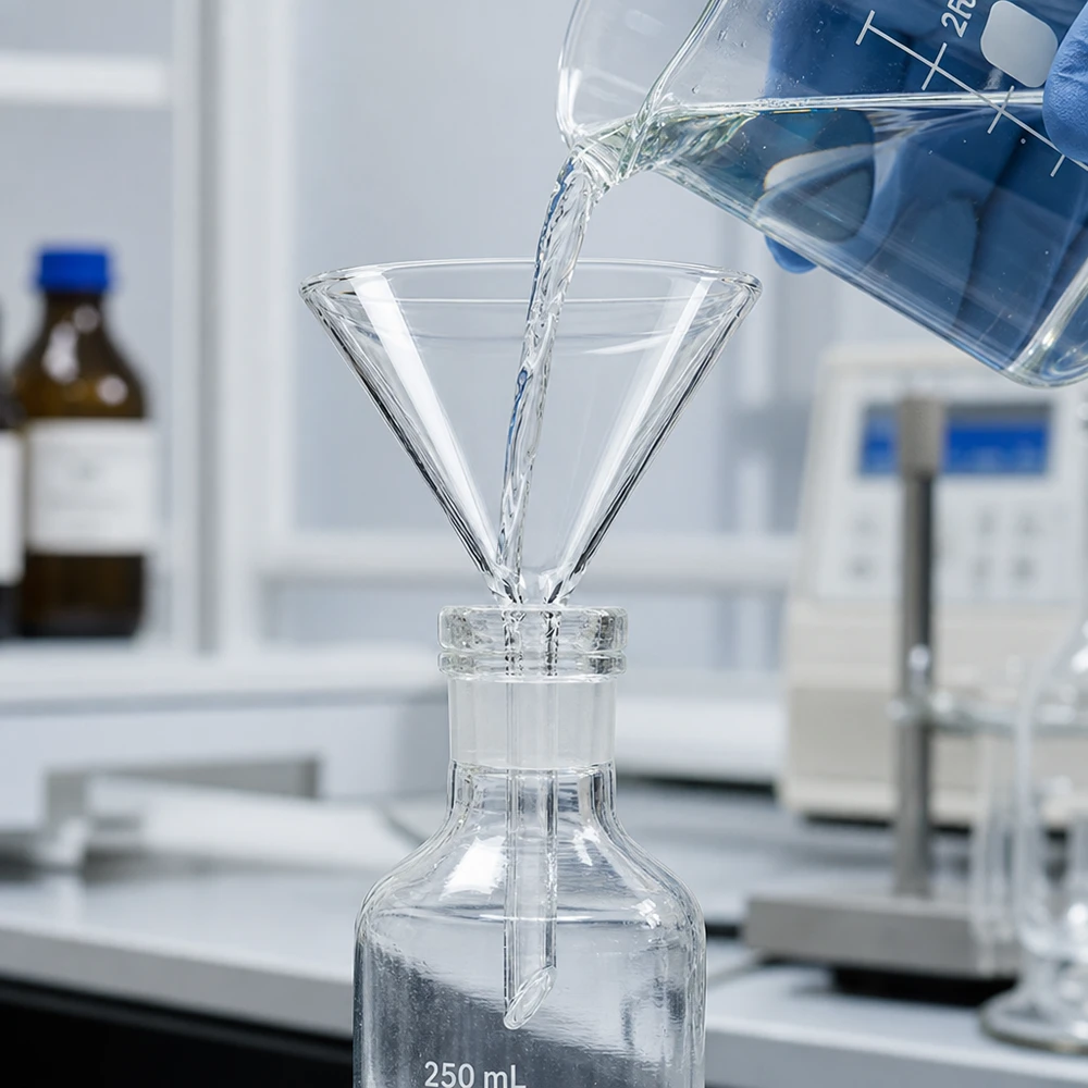 Transparante glazen trechter 75mm korte steel gemaakt van robuust borosilicaat voor het veilig decanteren van vloeistoffen