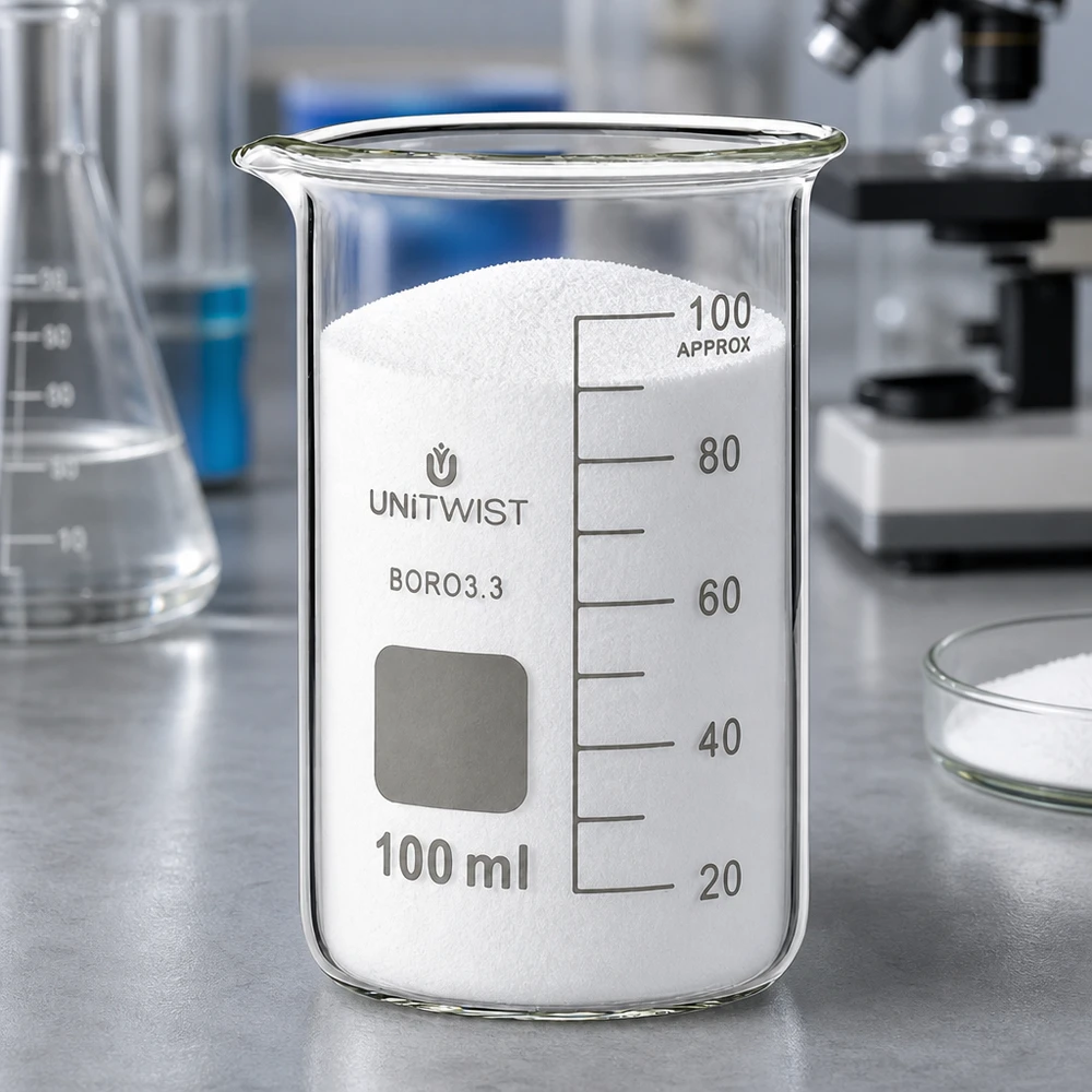 Doorzichtig laboratoriumbekerglas 100 ml UNITWIST BORO3.3, hoge vorm met wit chemisch poeder