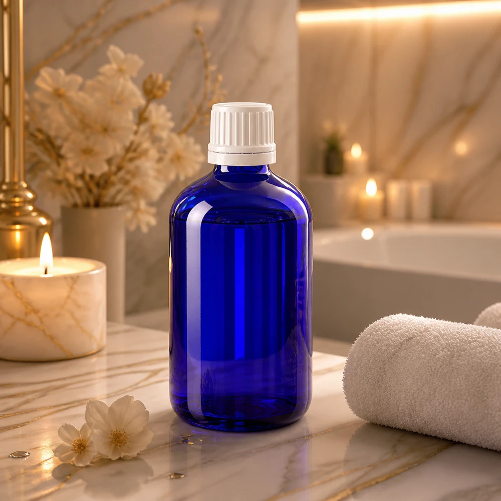 Lege blauwe glazen fles van 100 ml met witte verzegeling voor etherische oliën en cosmetica