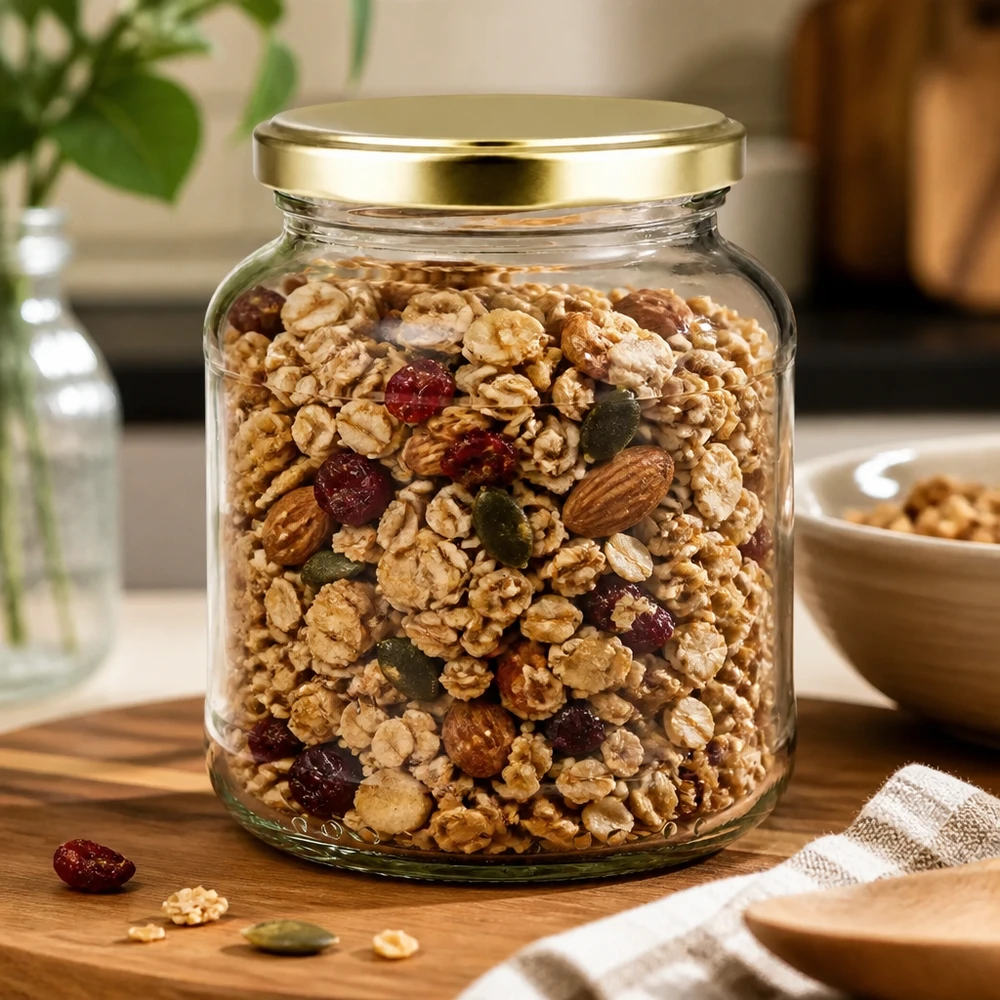 370 ml ovale pot met gouden BasicSeal deksel gevuld met noten en gedroogd fruit mix - UNiTWIST voorraadpot voor muesli
