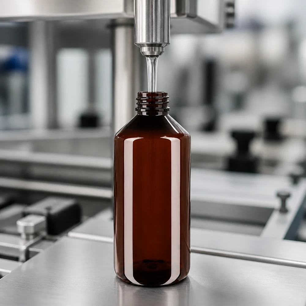 UV-bestendige, amberkleurige PET-fles van 1 liter met een witte, geribbelde schroefdop